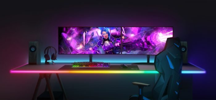 Govee Gaming Neon LED Strip 3M mit 84 LED-Perlen/m, RGBIC Blendfreie Neon LED Streifen mit Alexa arbeiten und APP, 11 Musikmodus und 64 Szenenmodus für Spielzimmer und Tischplatte, Zuschneidbarer