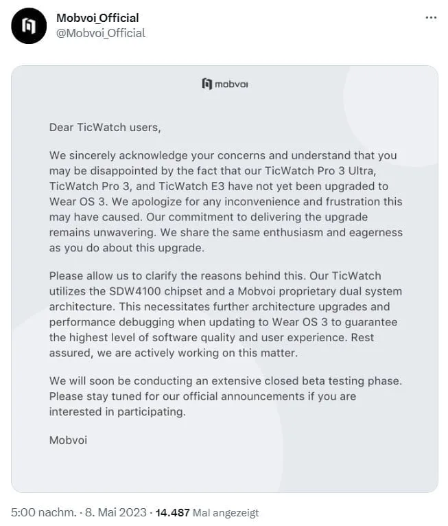 Mobvoi Tweet about Wear OS 3