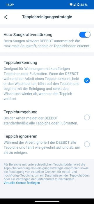 ECOVACS DEEBOT T20 OMNI Einstellungen Teppich