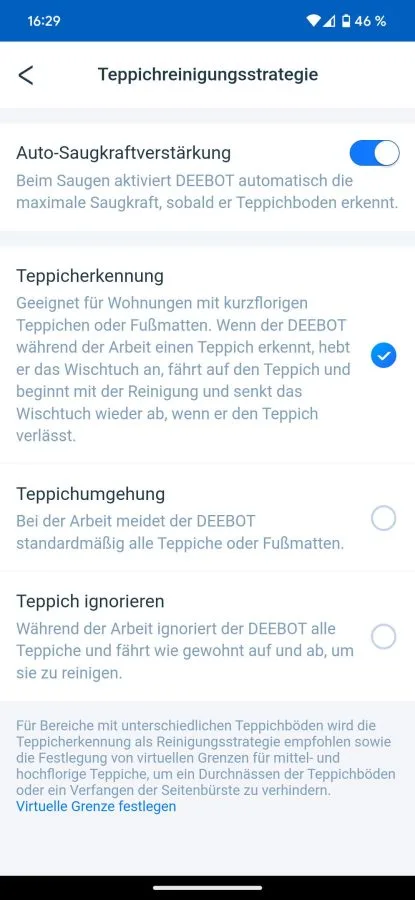 ECOVACS DEEBOT T20 OMNI Einstellungen Teppich
