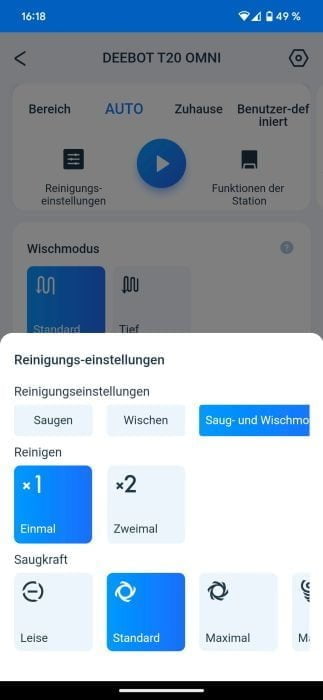 ECOVACS DEEBOT T20 OMNI Einstellungen Reinigung