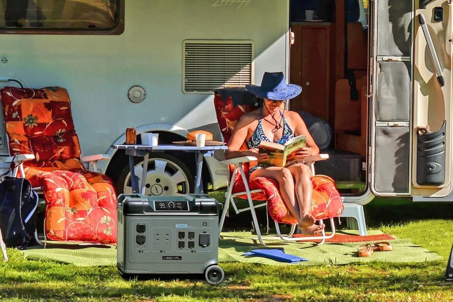 OUKITEL P5000 power station in front of the caravan when camping