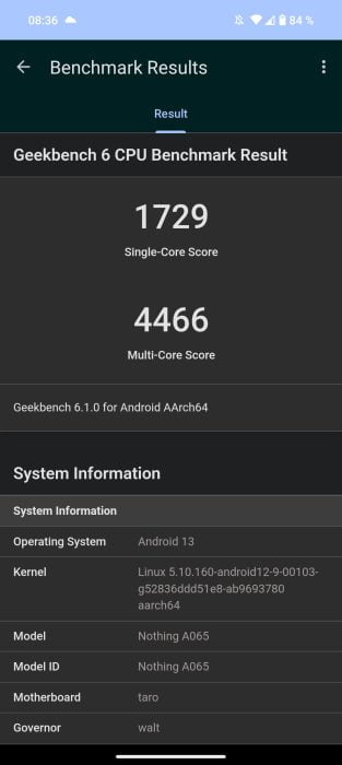 Nothing Phone (2) Geekbench benchmark 1729 points