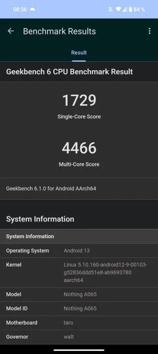 Ingenting Telefon (2) Geekbench Benchmark 1729 poäng