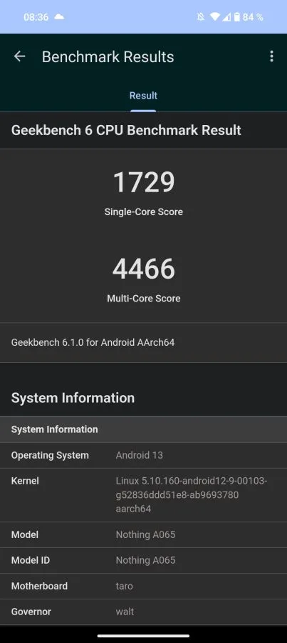 Nothing Phone (2) Geekbench Benchmark 1729 Punkte