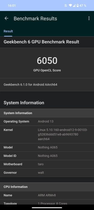 Ingenting Telefon (2) Geekbench benchmark OpenCL 6050 poeng