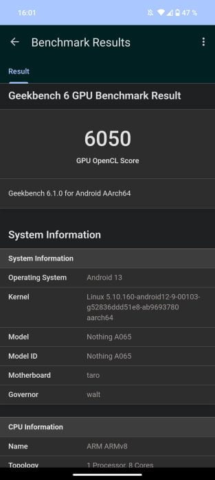 Nada Telefone (2) Geekbench Benchmark OpenCL 6050 pontos