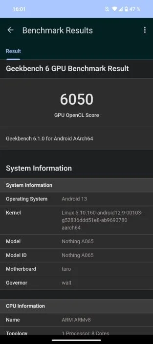 Ingenting Telefon (2) Geekbench benchmark OpenCL 6050 poäng