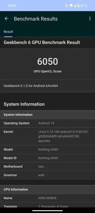 Niets Telefoon (2) Geekbench benchmark OpenCL 6050 punten
