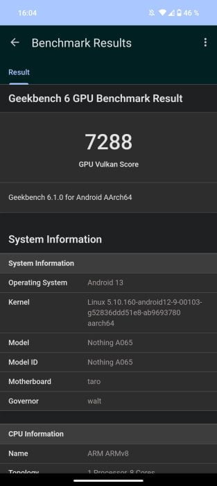 Ingenting Telefon (2) Geekbench Benchmark Vulkan 7288 poeng