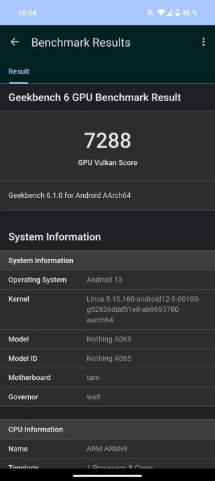 Nada Teléfono (2) Geekbench Benchmark Vulkan 7288 puntos