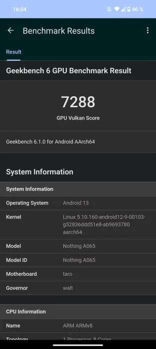 Nothing Phone (2) Geekbench Benchmark Vulkan 7288 points