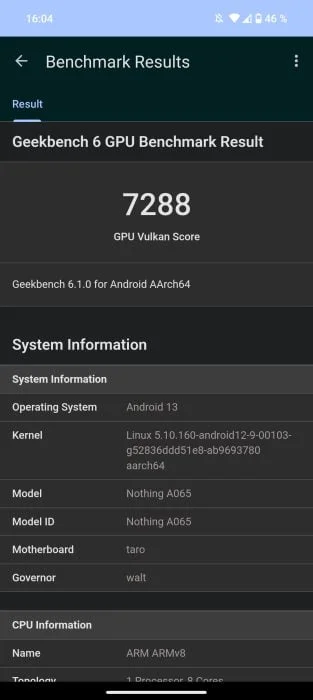 Niets Telefoon (2) Geekbench Benchmark Vulkan 7288 punten