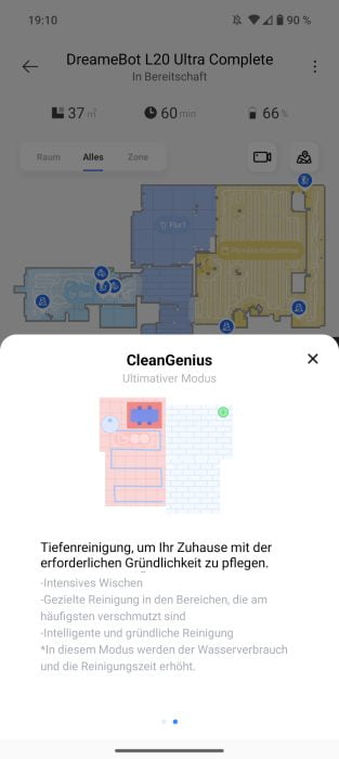 Dreamehome App CleanGenius Popis konečný režim