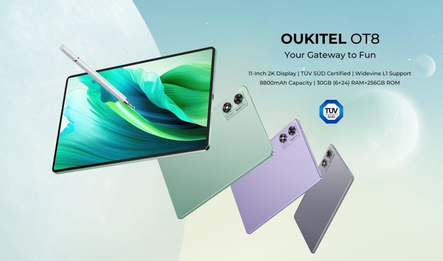 OUKITEL OT8 tablet kleurt groen, paars en grijs