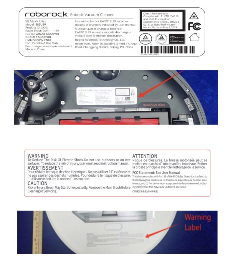 Roborock S8 MaxV Ultra Label der FCC