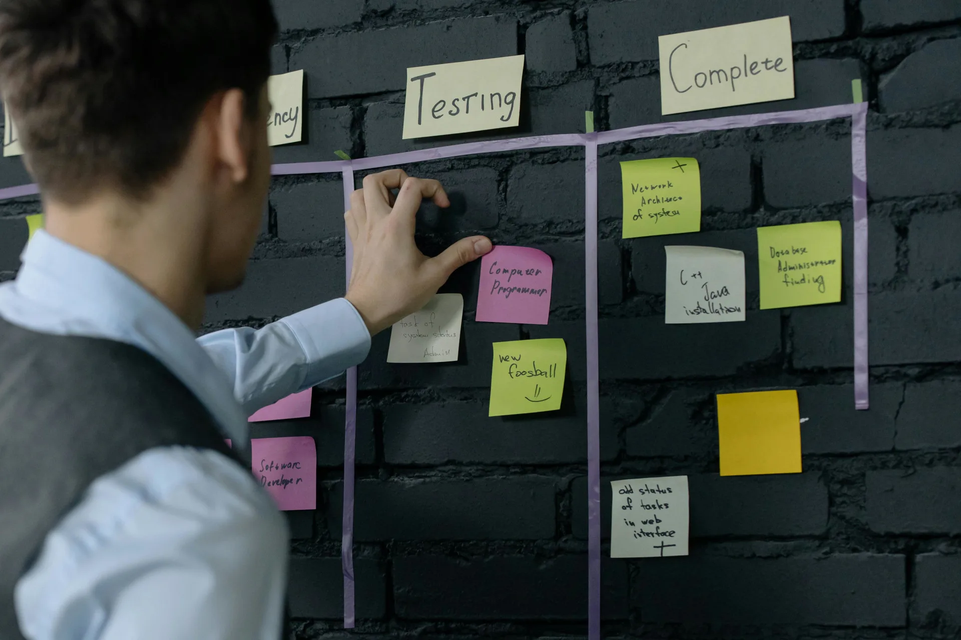 Digital Media Marketing Student in front of Scrum Board