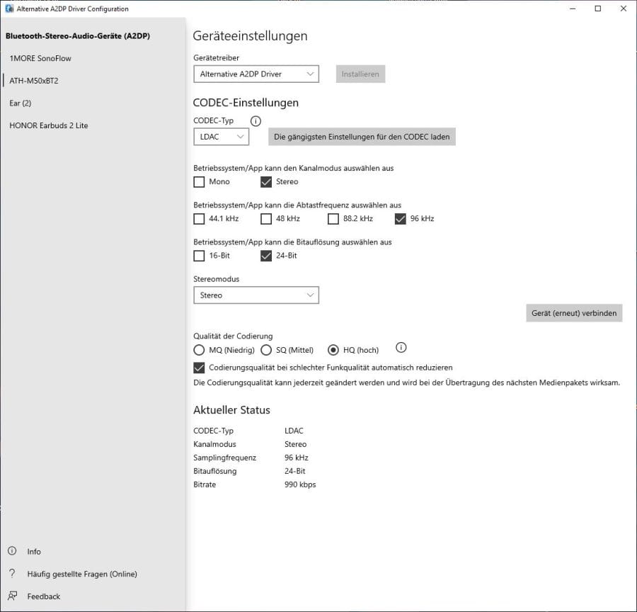 A2DP-drivrutinen som ett alternativ till Microsofts Bluetooth-stack.