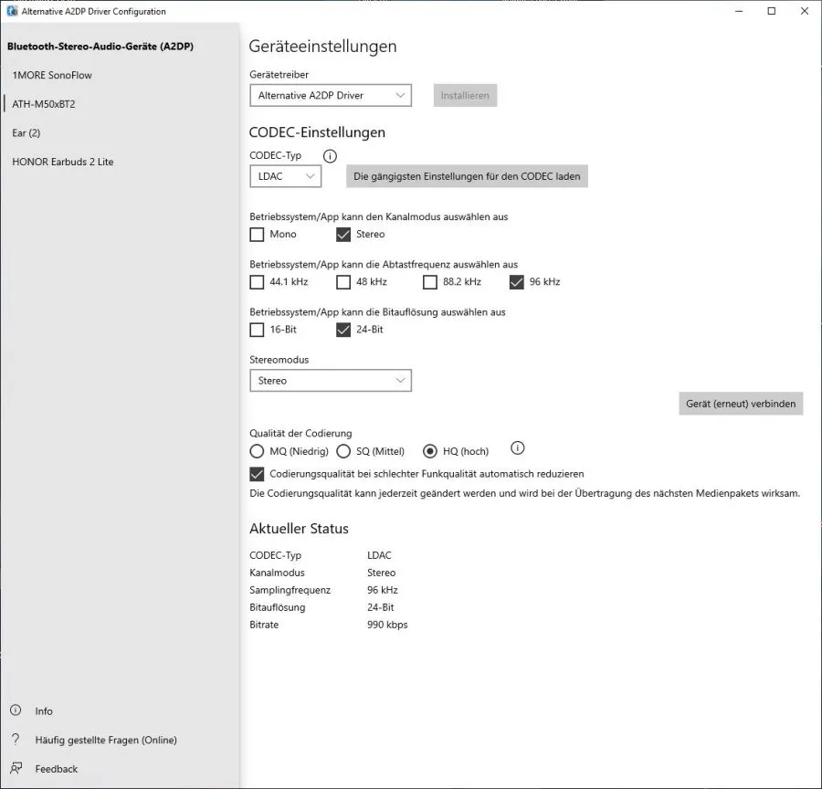 The A2DP driver as an alternative to Microsoft's Bluetooth stack.