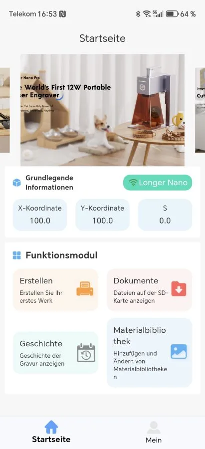 LONGER Nano Pro LaserBurn App Homescreen