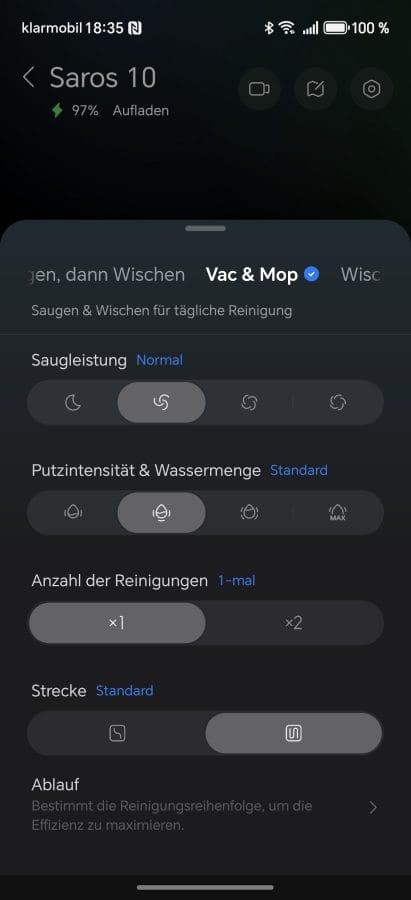 Roborock App Reinigungsoptionen