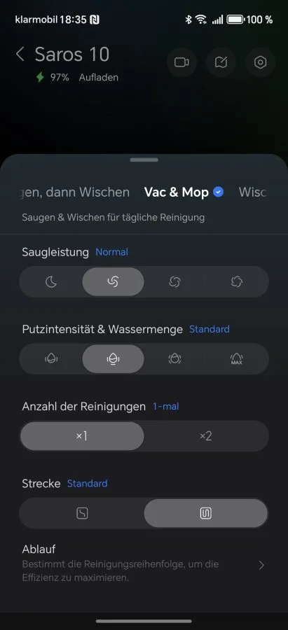 Roborock App Reinigungsoptionen