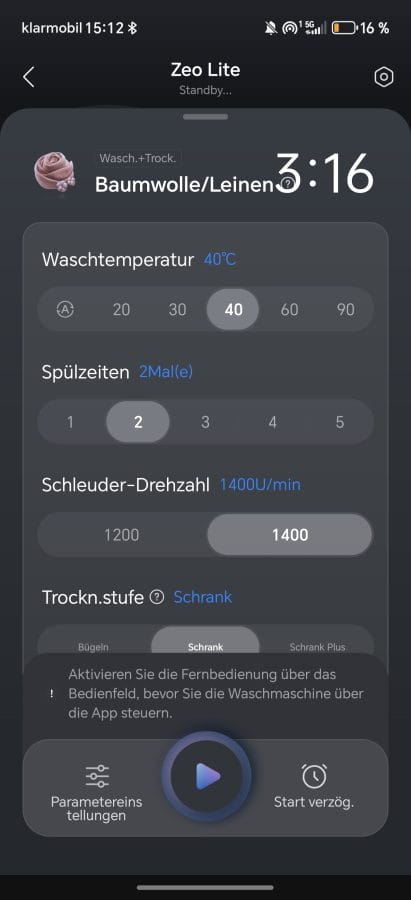 Zeo Lite App Programm-Einstellungen