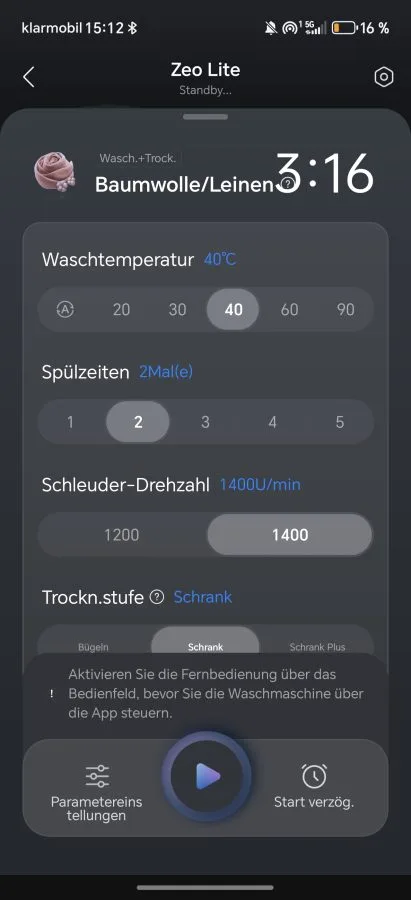 Zeo Lite App Programm-Einstellungen