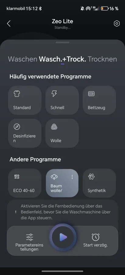 Zeo Lite App Programmauswahl