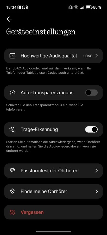 Configurações do aplicativo Nothing X