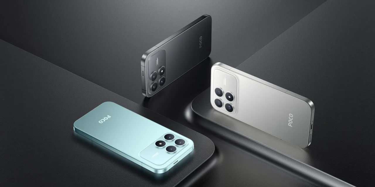 POCO F8 Pro in blauw, zwart en titanium zilver