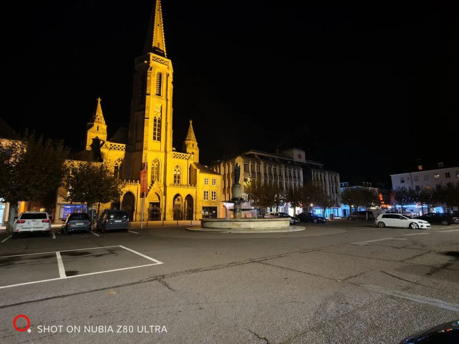 Camera test shot, ultra-wide angle, night, church