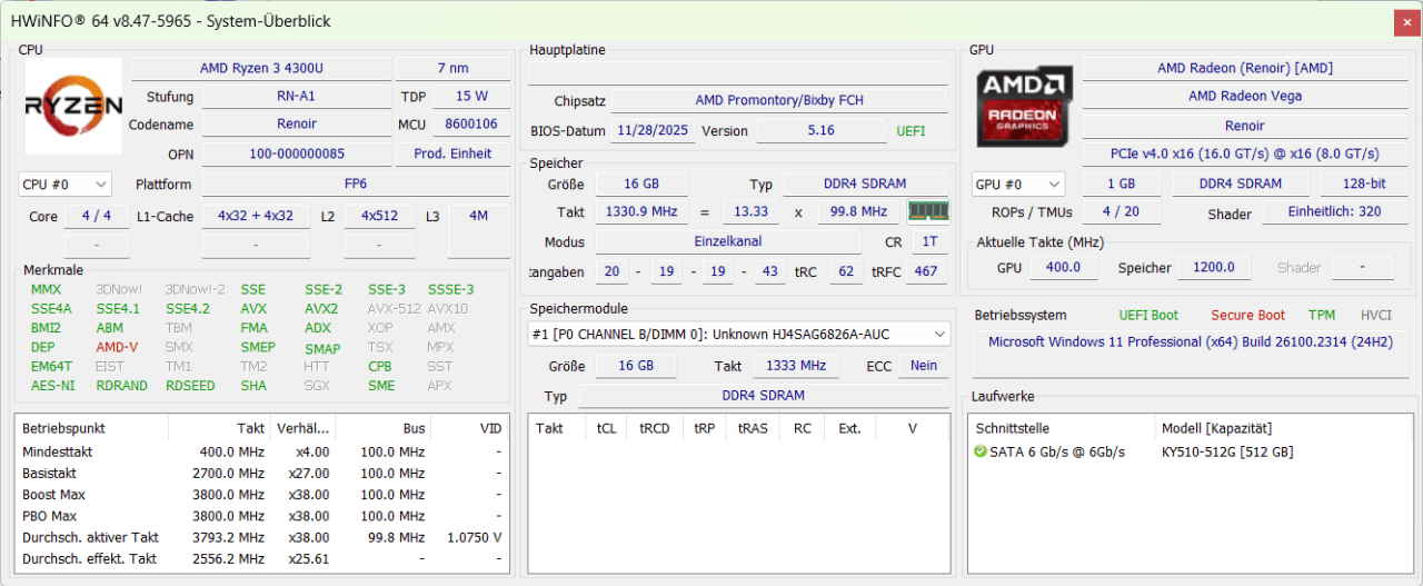 Ryzen 3 4300U Hardware Info