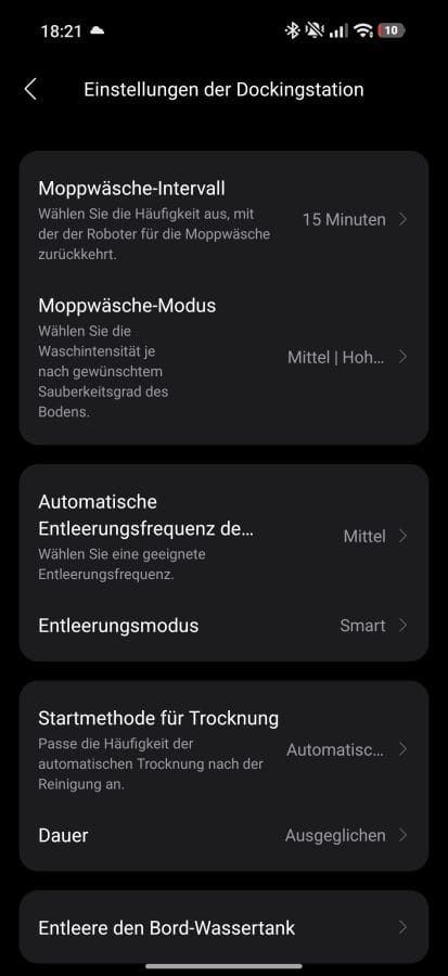 Roborock App Dock-Einstellungen