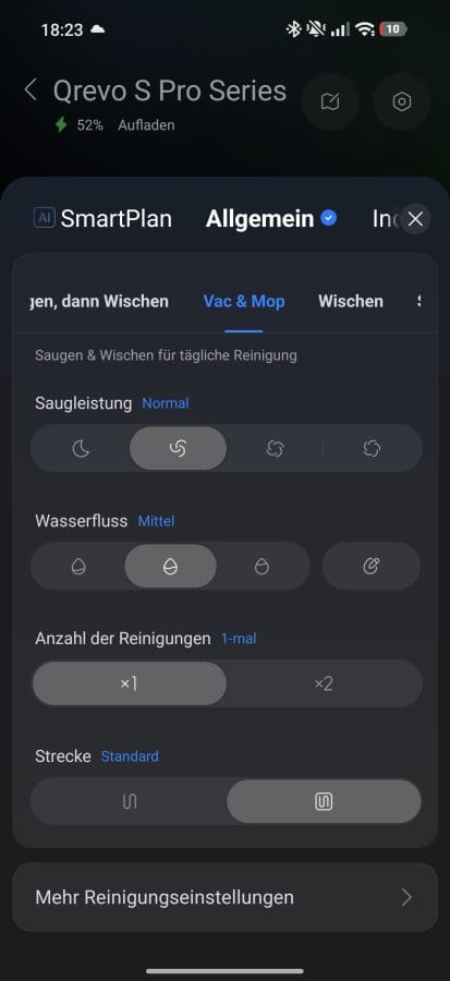 Roborock App Reinigungseinstellungen