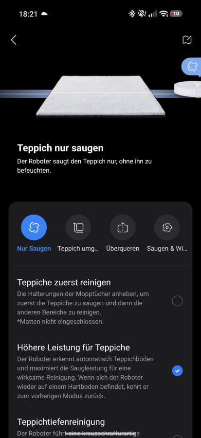 Roborock App Teppicheinstellungen