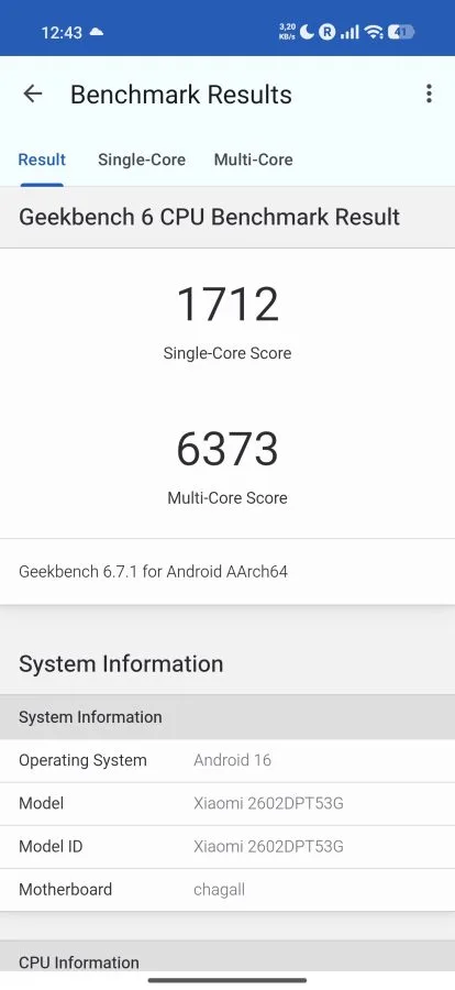 Geekbench pro Xiaomi 17T