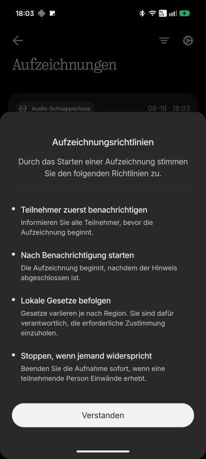 Nothing X App Aufzeichnungsrichtlinien