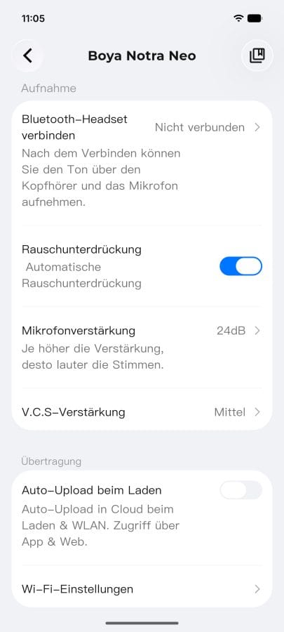 Boya Notra Neo App Einstellungen