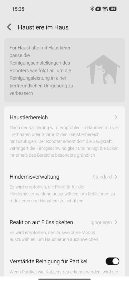 DJI ROMO Home App Haustiereinstellungen