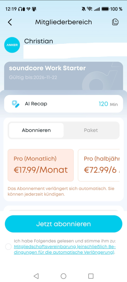 App soundcore Liberty 5 Pro Max Monatlich und Jährlich