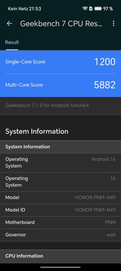 HONOR Magic V6 Geekbench im ausgeglichenen Leistungsprofil