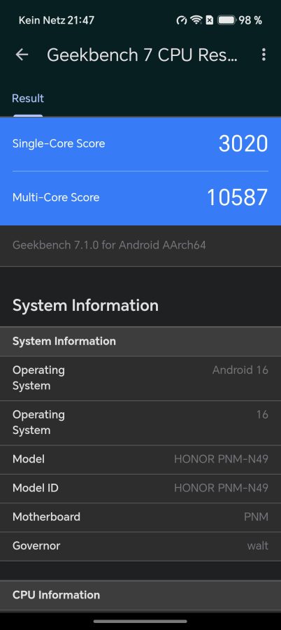 HONOR Magic V6 Geekbench im Leistungs-Modus