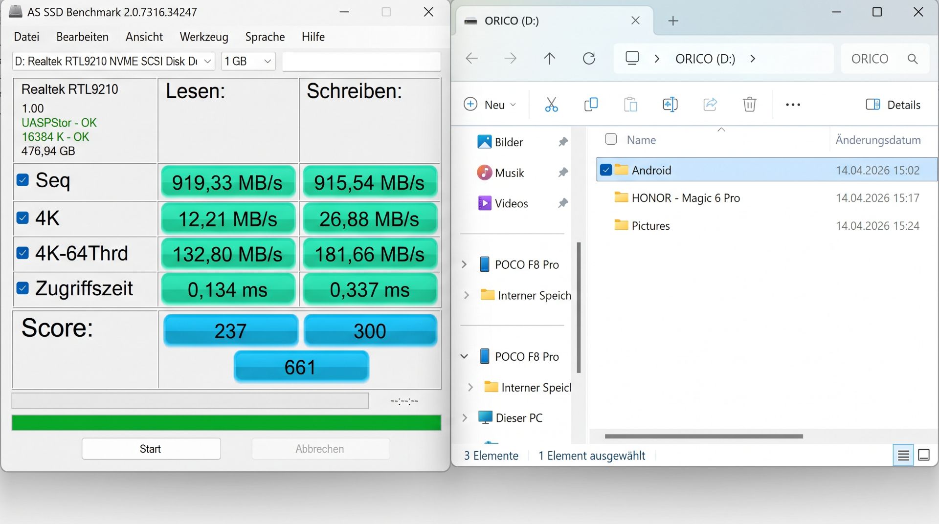 ORICO P10Pro SSD Datenübertragung am PC
